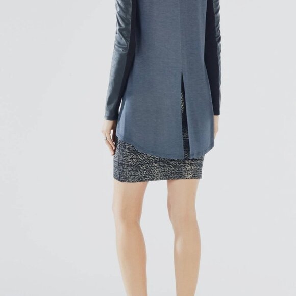 BCBG Max Azaria Judon Faux-Leather Cut Out Sleeve Black Top Back Slit XXS NWOT - Picture 5 of 8